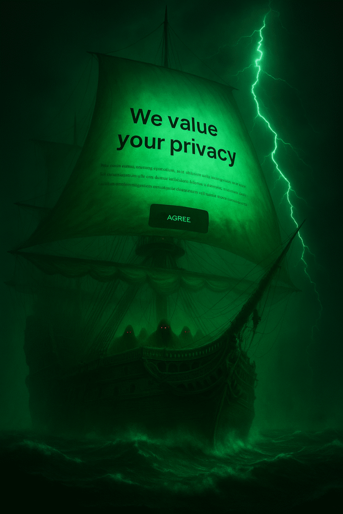 A dramatic cookie consent banner overlaid on a haunting maritime scene featuring a ghost ship in stormy seas with lightning, eerie green fog, and shadowy figures aboard. The banner reads 'We value your privacy' and a dark 'AGREE' button.