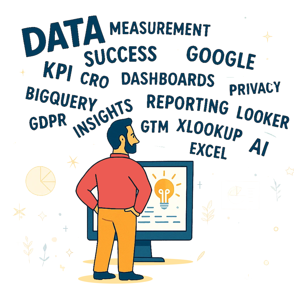 An illustration style picture of a man in an coral pink shirt and yellow trousers standing with hands on hips, looking at a giant computer monitor displaying a lightbulb icon, surrounded by a cloud of data and analytics-related terms. The floating text includes words like 'DATA,' 'MEASUREMENT,' 'SUCCESS,' 'KPI,' 'CRO,' 'DASHBOARDS,' 'GOOGLE,' 'PRIVACY,' 'GDPR,' 'BIGQUERY,' 'INSIGHTS,' 'REPORTING,' 'GTM,' 'XLOOKUP,' 'EXCEL,' 'LOOKUP,' 'LOOKER,' and 'AI.'