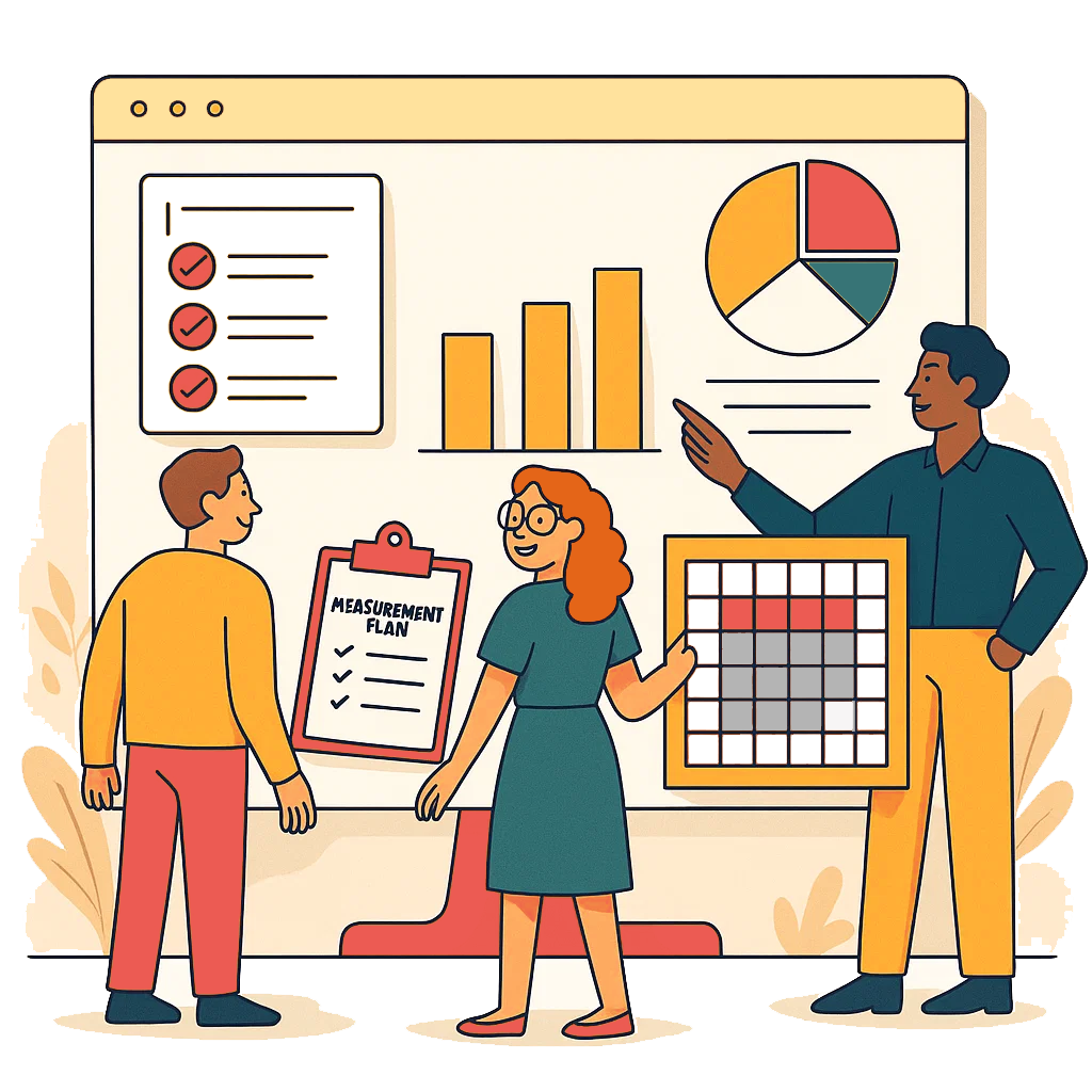Three people collaborating on data analysis in front of a large browser window displaying various charts and metrics. On the left, a person in yellow holds a clipboard labeled 'Measurement Plan' with checkboxes. In the center, a woman with red curly hair and glasses in a teal dress points to an orange grid/calendar chart. On the right, a man in a dark shirt and yellow pants gestures toward the display, which shows a checklist with completed items, ascending bar charts, and a pie chart. The browser window has an orange header with three circular buttons, and the scene is decorated with plant elements in the background.