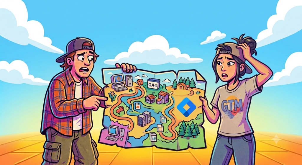 A cartoon illustration of two confused people holding a map that shows a winding path connecting tech icons like computers, servers, a GA4 box, and the Google Tag Manager logo.